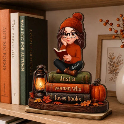 Personalized 2-Layer Wooden Plaque, Woman Reading Books Fall Decor, Unique Gift for Book Lovers