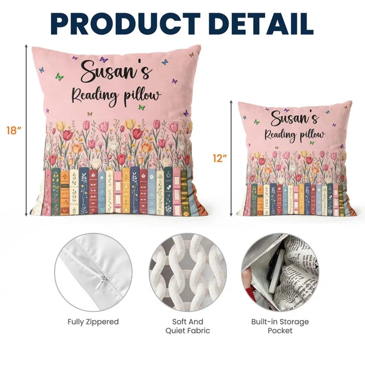 Personalized Square Pillow with Pink Floral Bookshelf and Butterflies, Unique Gift for Book Lovers