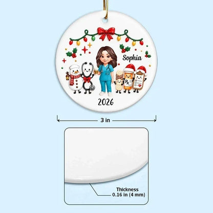 Personalized Ceramic Ornament with Nurse Holding Coffee and Medical Icons, Unique Creative Gift for Nurses