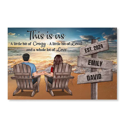 Romantic Beach Landscape Couple Sitting Holding Hands Sign Posts Personalized Poster or Plaque or Keychain or Ornament, Home Decoration, Gift For Him, For Her