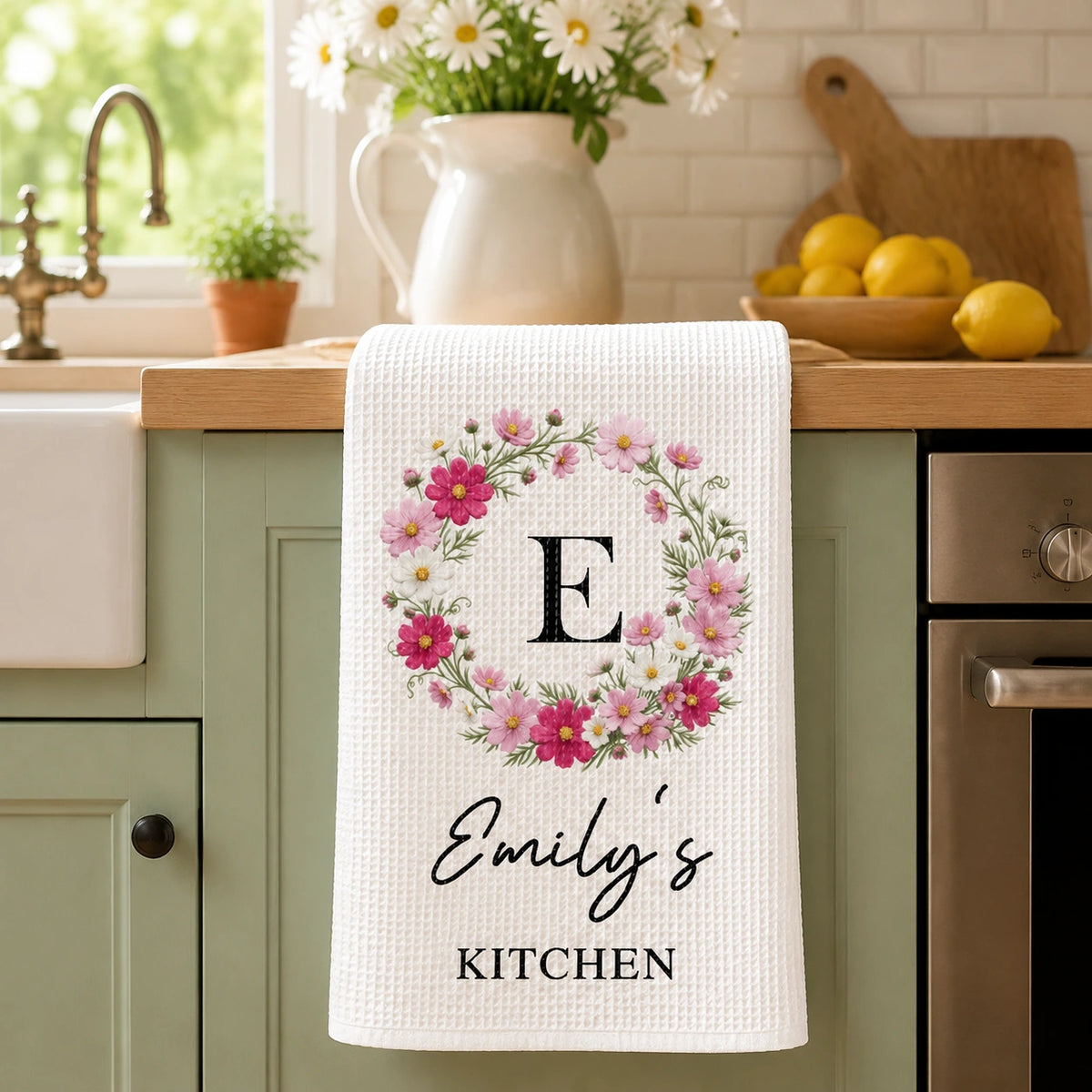 Personalized Birth Flower Kitchen Towel with Custom Name, Floral Wreath Tea Towel Gift for Home Cooks