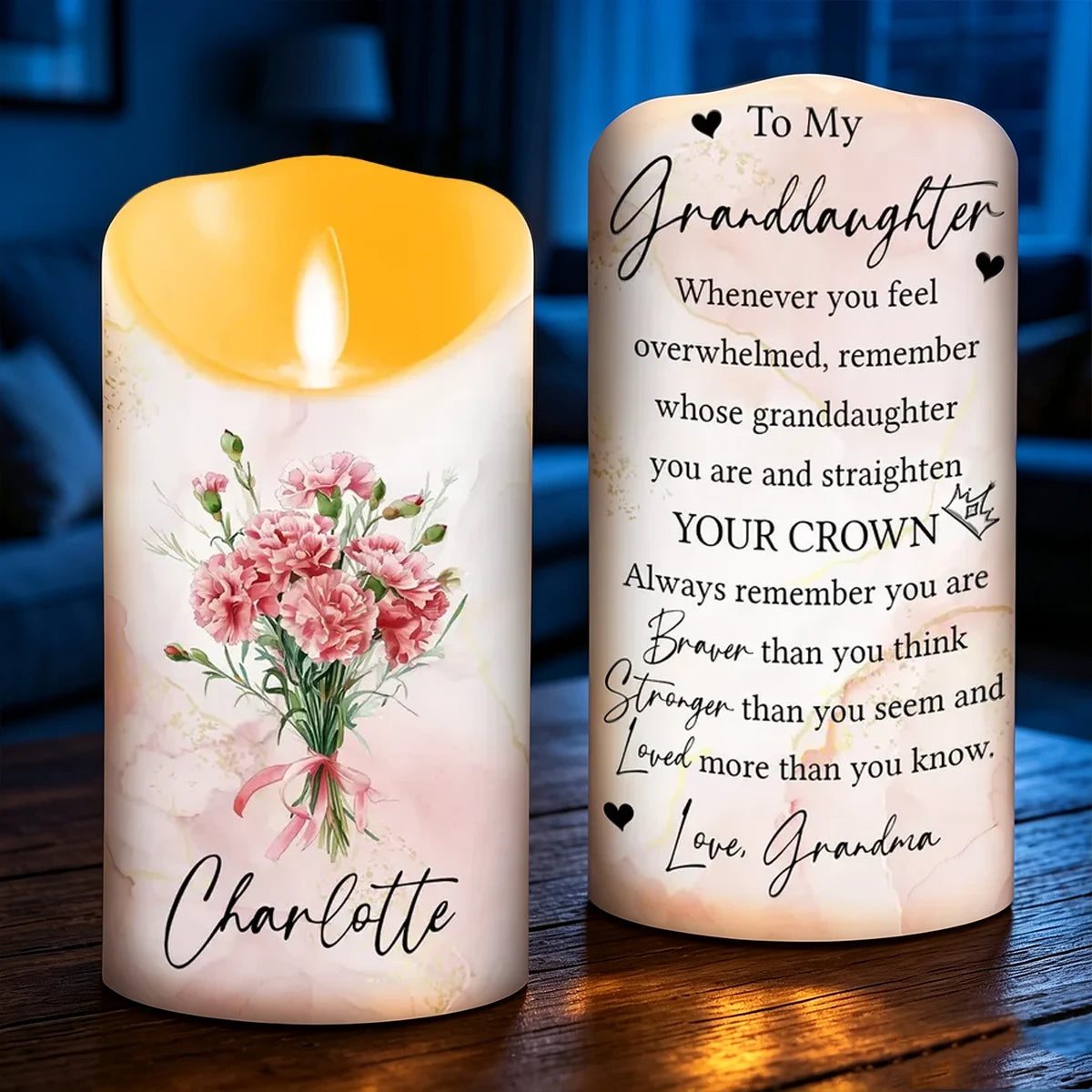 Personalized You Are Loved Flameless LED Candle, Warm Floral Keepsake and Creative Gift for Granddaughter from Grandma
