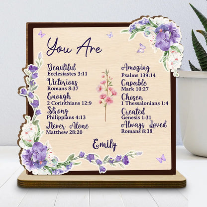 2-Layer Wooden Plaque Personalized with Encouraging Bible Verses and Purple Florals, Heartfelt Gift for Daughter or Friend