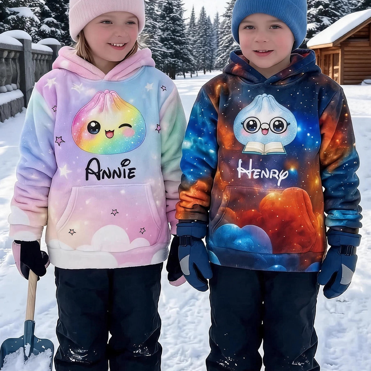 Personalized Youth Hoodie with Rainbow Dumpling Art for Kids Playing in a Snowy Park, Unique Gift