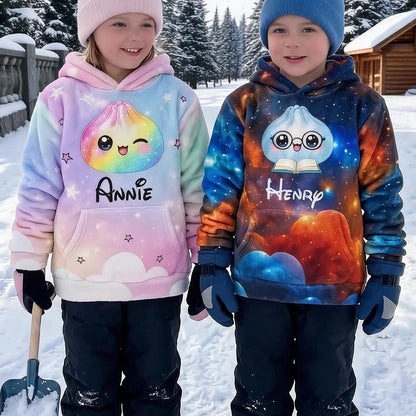 Personalized Youth Hoodie with Rainbow Dumpling Art for Kids Playing in a Snowy Park, Unique Gift