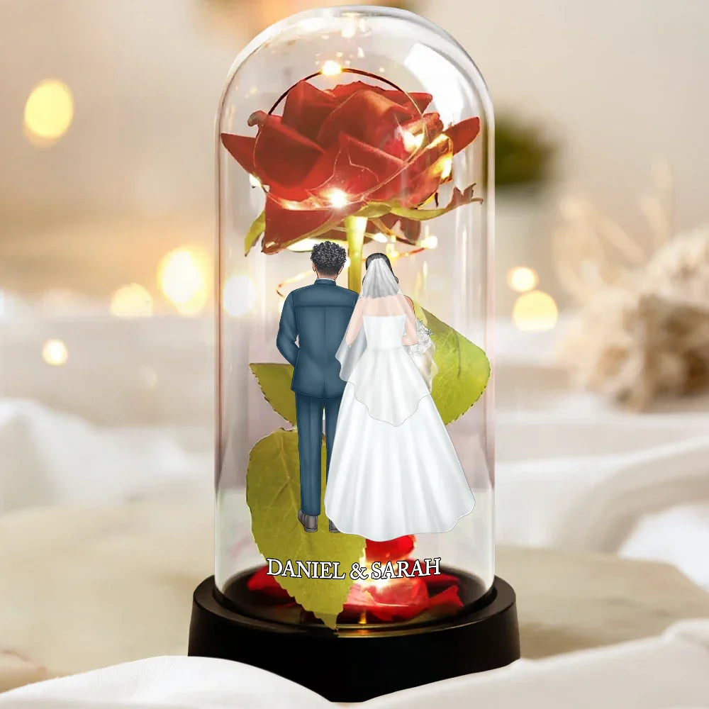 Lighted Eternal Rose Dome with Glowing Red Rose and Couple Back View, Sweet Romantic Decor, Unique Gift for Wife or Husband