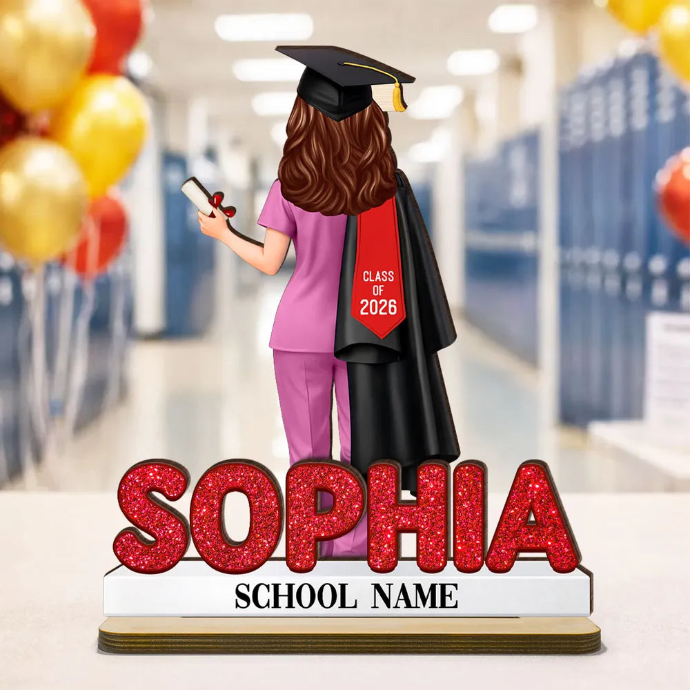 Custom 2-Layer Wooden Plaque Graduation Keepsake, Nurse Cap and Diploma Scene, Heartfelt Gift for Daughter or Son