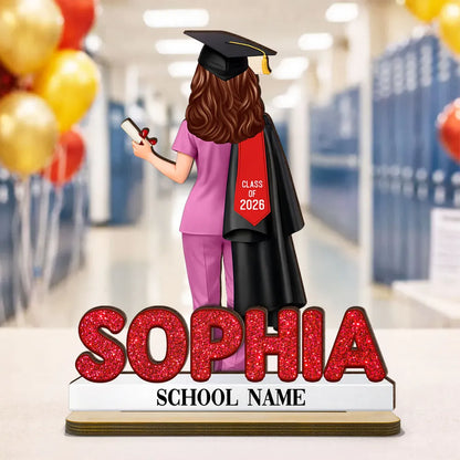 Custom 2-Layer Wooden Plaque Graduation Keepsake, Nurse Cap and Diploma Scene, Heartfelt Gift for Daughter or Son