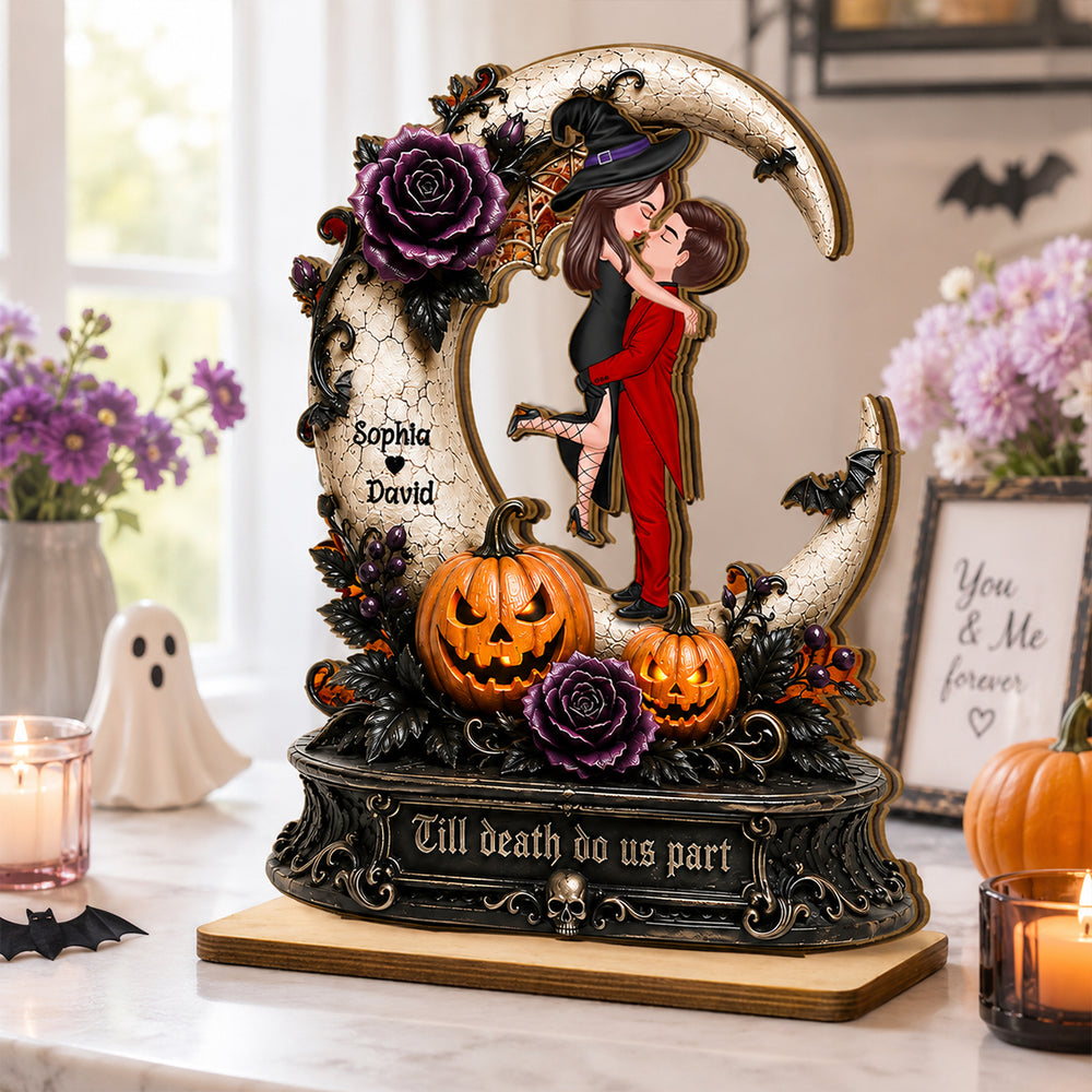 2-Layer Wooden Plaque with Spooky Couple & Pumpkins, Custom Romantic Keepsake, Creative Gift for a Couple