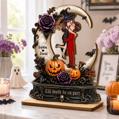 2-Layer Wooden Plaque with Spooky Couple & Pumpkins, Custom Romantic Keepsake, Creative Gift for a Couple