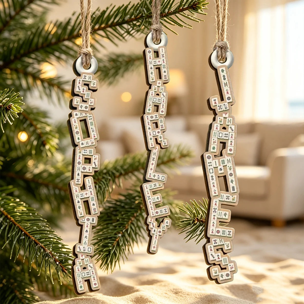 Personalized Wooden Ornament, Hanging Mahjong Tile Letter for Festive Tree Decor, Unique Gift for Family & Friends