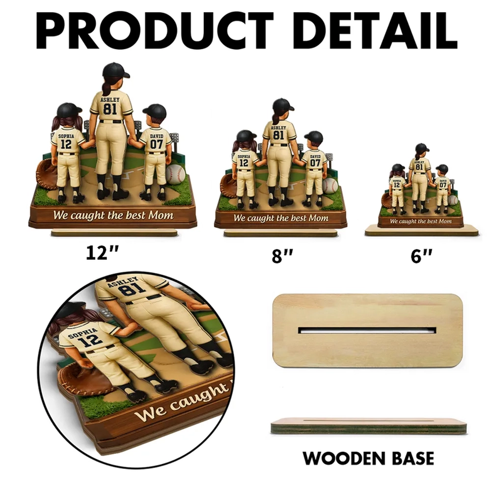 Personalized 2-Layer Wooden Plaque Baseball Mom with Kids Holding Hands, We Caught The Best Mom, Unique Gift for Mom