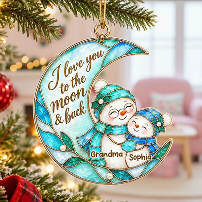 Personalized I Love You to the Moon & Back Acrylic Ornament, Hugging Snowmen, Creative Christmas Gift for Grandkids