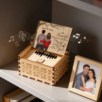 Personalized Wooden Music Box with Couple Hugging Back View Romantic Keepsake Decor A Unique Gift for Him or Her