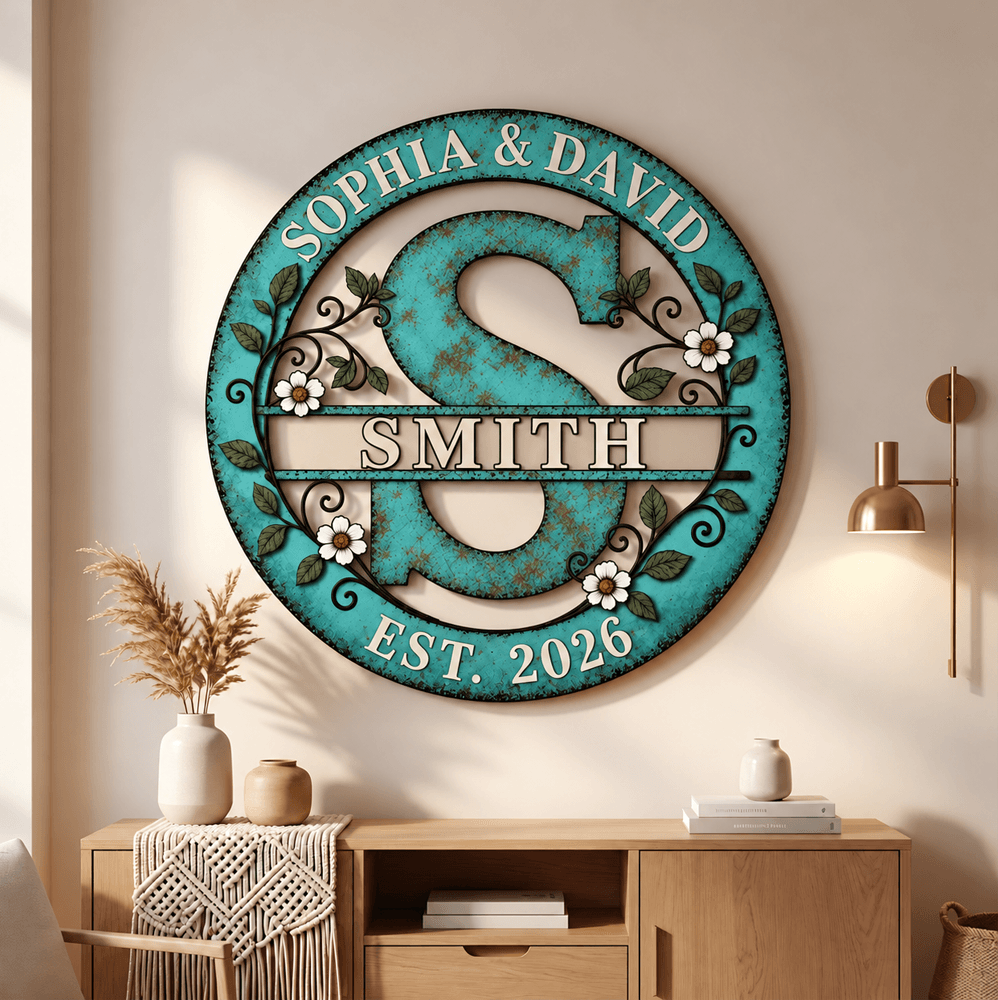 Personalized Shaped Metal Sign, Teal Floral Monogram for a Sunlit Porch, Unique Housewarming Gift for Family