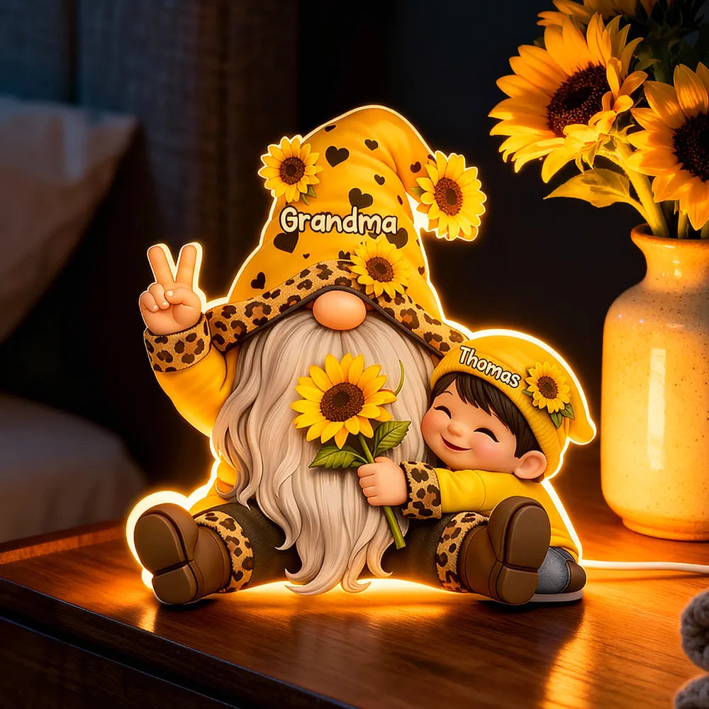 Personalized Grandma Gnome Acrylic Light Box With Sunflowers, Warm Glow Night Light, Unique Gift for Grandma