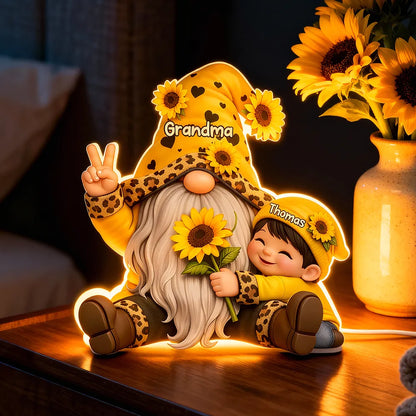 Personalized Grandma Gnome Acrylic Light Box With Sunflowers, Warm Glow Night Light, Unique Gift for Grandma