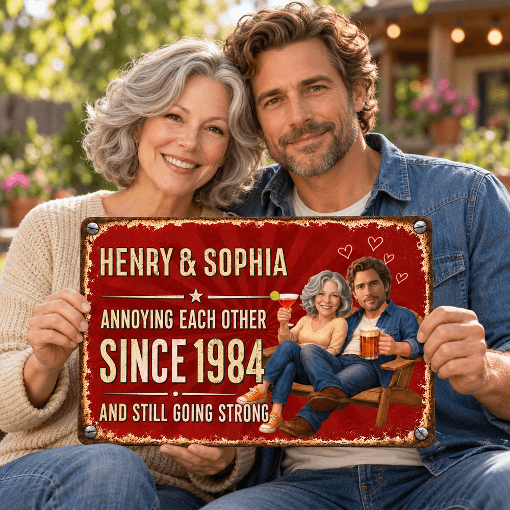 Personalized Couple Iron Sign, Retro Americana Bar Style, Custom Photos, Names & Year, Funny Anniversary Gift