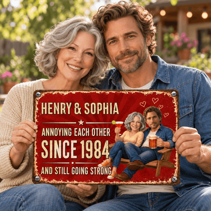 Personalized Couple Iron Sign, Retro Americana Bar Style, Custom Photos, Names & Year, Funny Anniversary Gift
