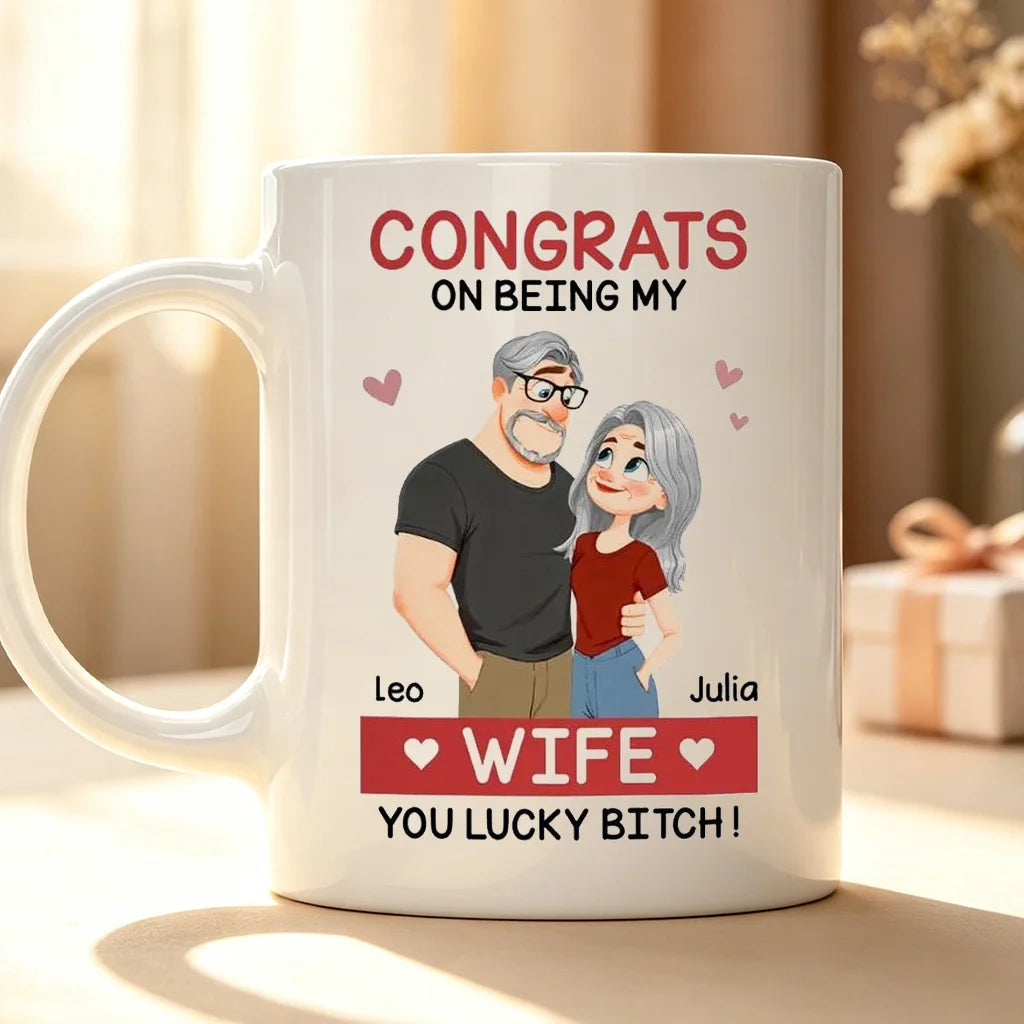 Personalized Ceramic Mug With Hugging Cartoon Couple, Unique Gift for Wife