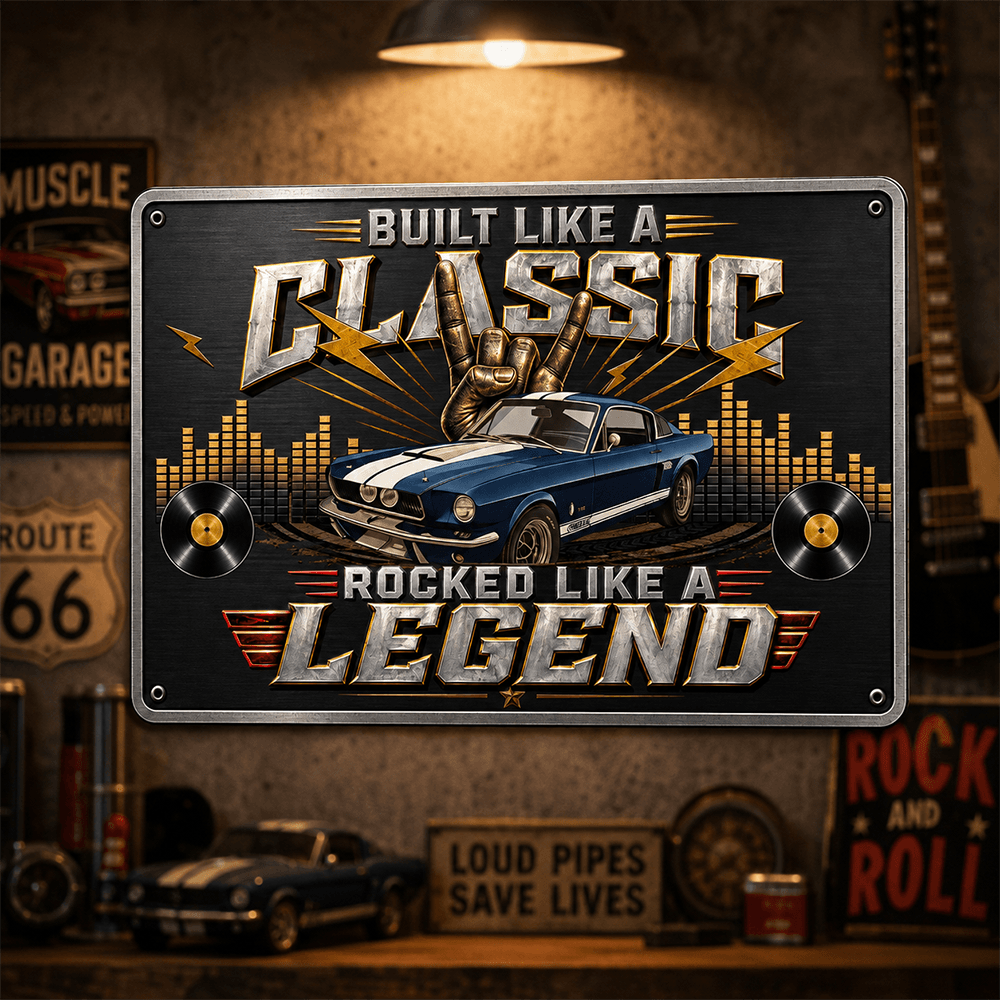 Personalized Classic Car & Rock Music Iron Sign, Built Like a Classic Rocked Like a Legend, Custom Garage Gift