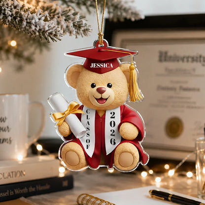 Personalized Acrylic Ornament, Teddy Bear Graduate Holding Diploma, Unique Gift for Tree Display