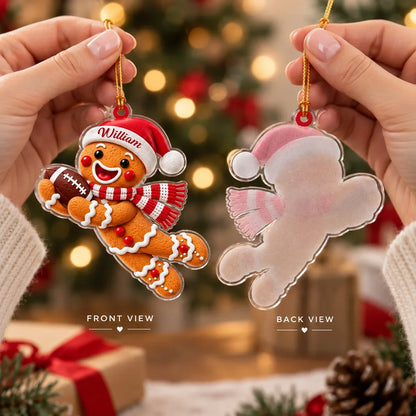 Personalized Acrylic Ornament, Gingerbread Football Player on a Christmas Tree, Unique Gift for Sports Lovers