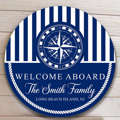 Personalized Welcome Aboard Wooden Sign With Nautical Compass And Stripes, Unique Coastal Gift For Families