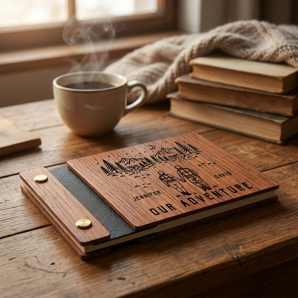Personalized Wooden Memory Book for Couples, Custom Adventure Keepsake Album with Names, Anniversary or Wedding Gift