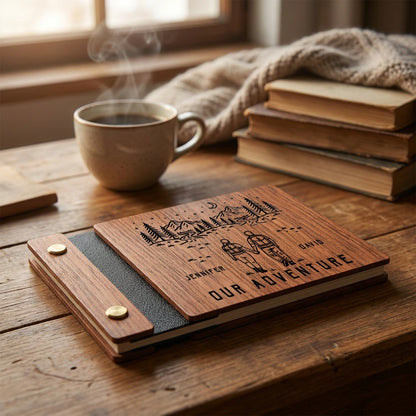 Personalized Wooden Memory Book for Couples, Custom Adventure Keepsake Album with Names, Anniversary or Wedding Gift