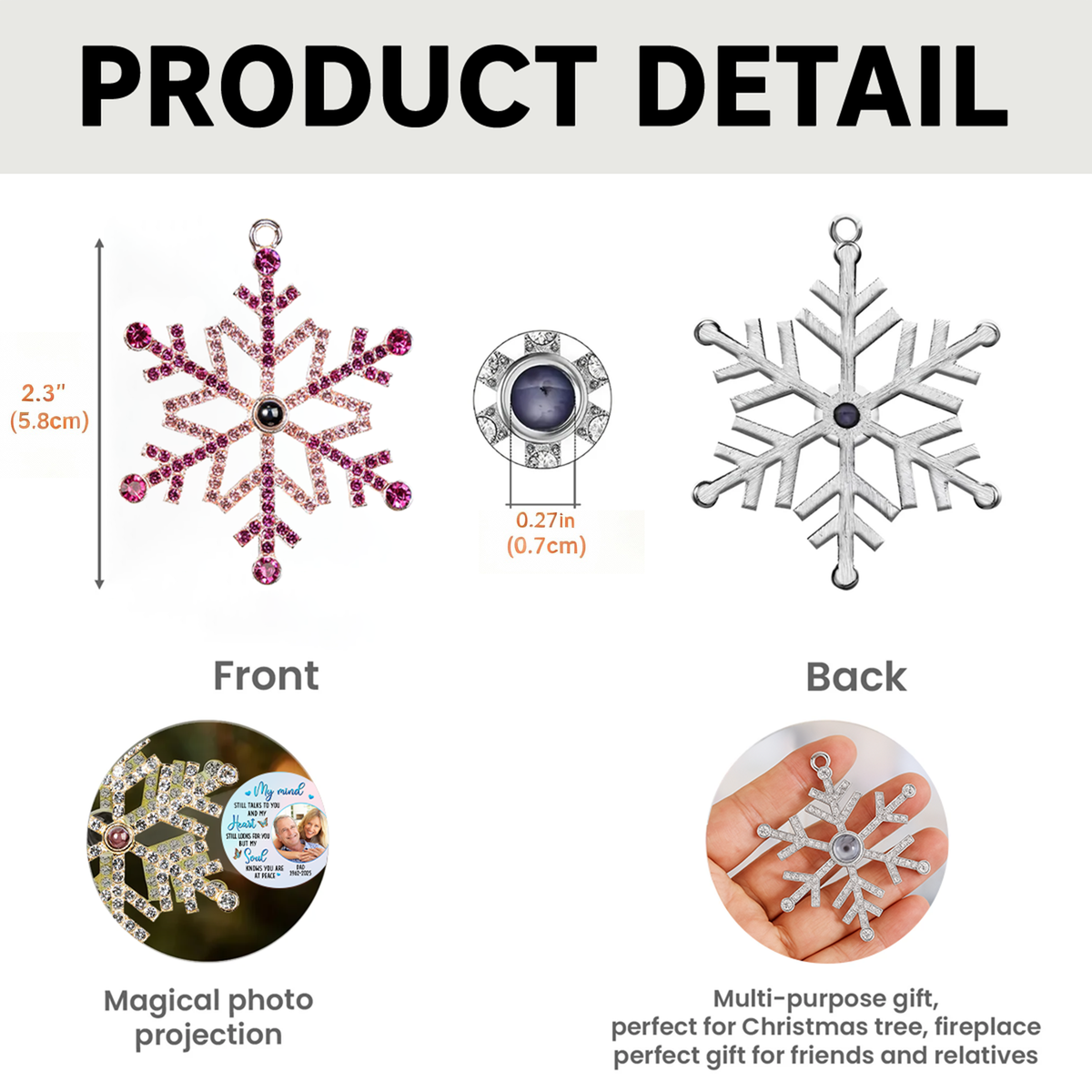 Photo Projection Ornament Crystal Snowflake, Pet Photo Keepsake with Snowy Night Scene, unique gift for pet parents