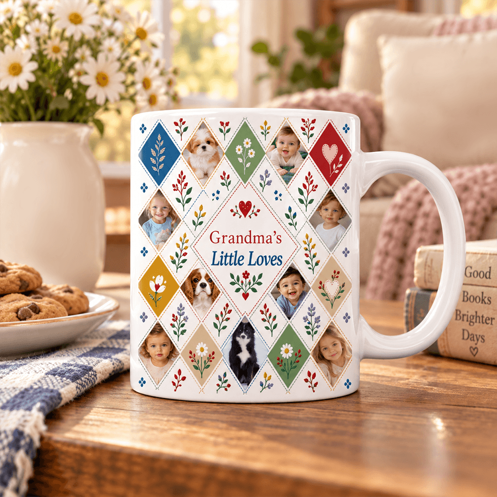 Personalized Grandma’s Little Loves Photo Fleece Blanket, Floral Patchwork Gift with Grandchildren & Pets