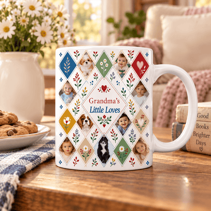 Personalized Grandma’s Little Loves Photo Fleece Blanket, Floral Patchwork Gift with Grandchildren & Pets