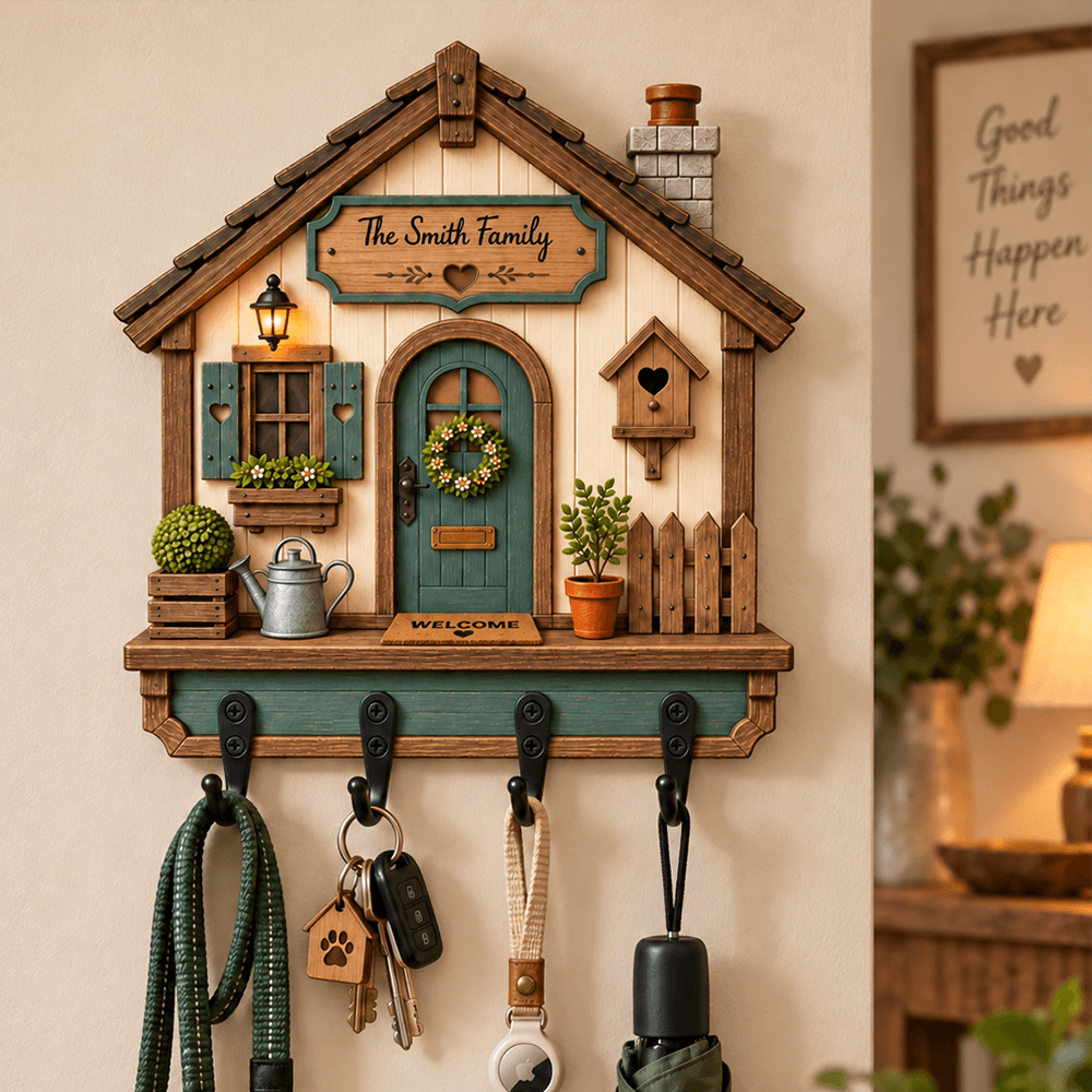 Personalized Family Cottage Wooden Key Holder, Custom Name Welcome Home Wall Decor, Housewarming Gift for Couples