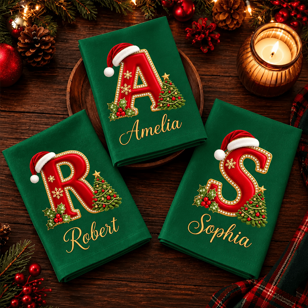 Personalized Christmas Cotton Napkin with Santa Hat Initial & Name, Festive Holiday Table Decor, Christmas Gift for Family