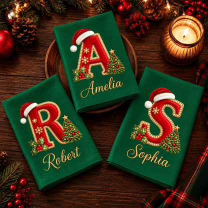 Personalized Christmas Cotton Napkin with Santa Hat Initial & Name, Festive Holiday Table Decor, Christmas Gift for Family