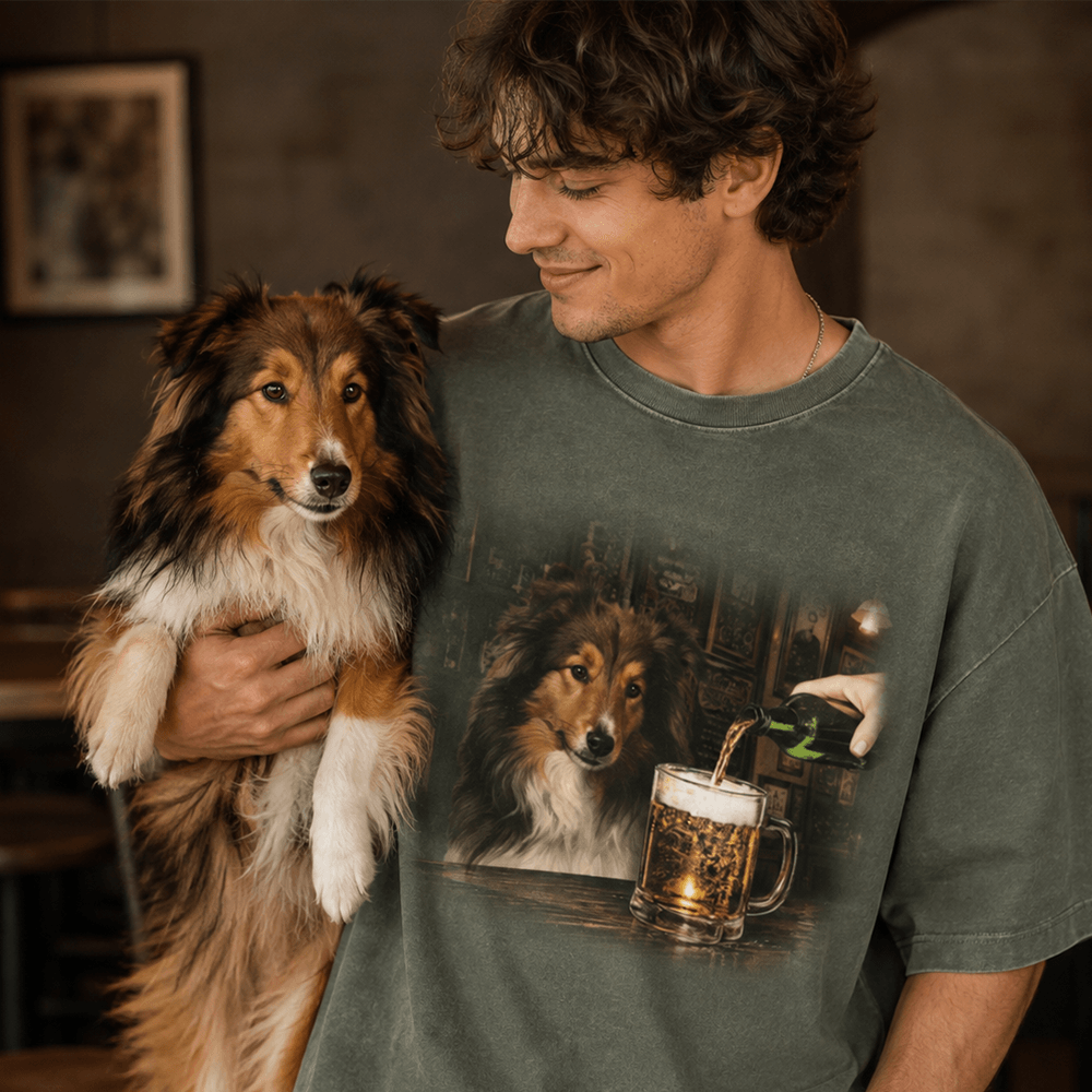 Custom Dog Portrait Classic Tee, Playful Pub Scene with Beer, Creative Gift for Pet Owners