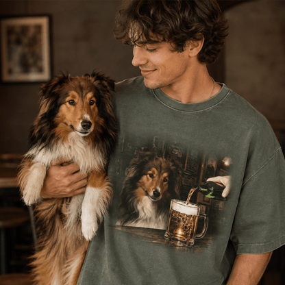 Custom Dog Portrait Classic Tee, Playful Pub Scene with Beer, Creative Gift for Pet Owners