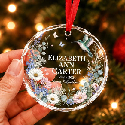 Personalized Memorial Ornament, Forever In Our Hearts Floral Keepsake, Custom Christmas Tree Decoration Gift for Loved Ones
