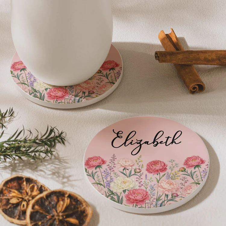 Round Ceramic Coaster, Personalized Floral Keepsake, Creative Gift for Friend, Sister or Coworker