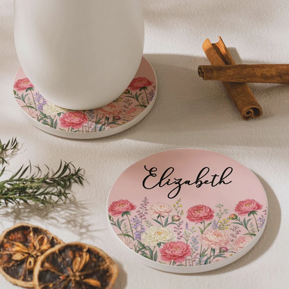 Round Ceramic Coaster, Personalized Floral Keepsake, Creative Gift for Friend, Sister or Coworker
