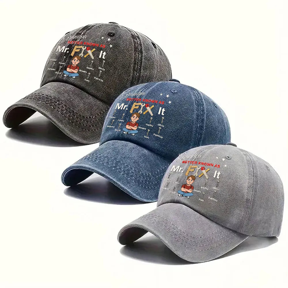 Custom Washed Denim Baseball Cap For Grandpa, Creative Handyman Gift With Tool Art