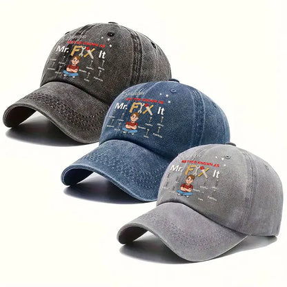 Custom Washed Denim Baseball Cap For Grandpa, Creative Handyman Gift With Tool Art