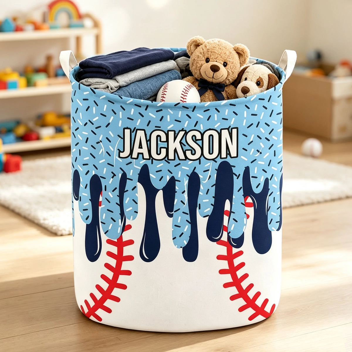 Personalized Round Waterproof Fabric Storage Basket, Baseball Drip Design, Unique Gift for Players & Fans