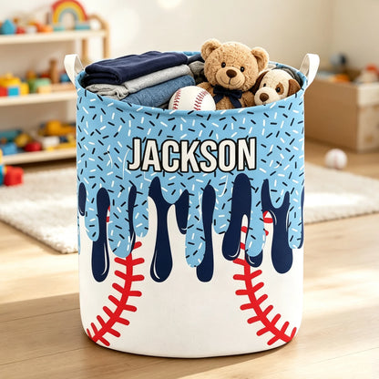 Personalized Round Waterproof Fabric Storage Basket, Baseball Drip Design, Unique Gift for Players & Fans
