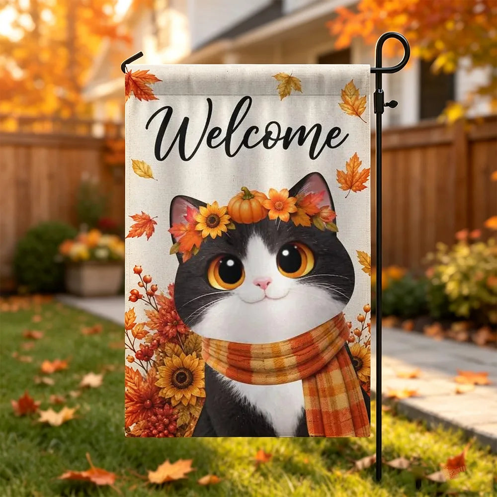 Personalized Garden Flag with Cute Cat in Scarf, Autumn Yard Decor and Unique Gift for Cat Lovers