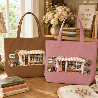 Personalized Bookstore Corduroy Tote Bag, Custom Name Floral Bookshop Bag, Unique Gift for Book Lovers