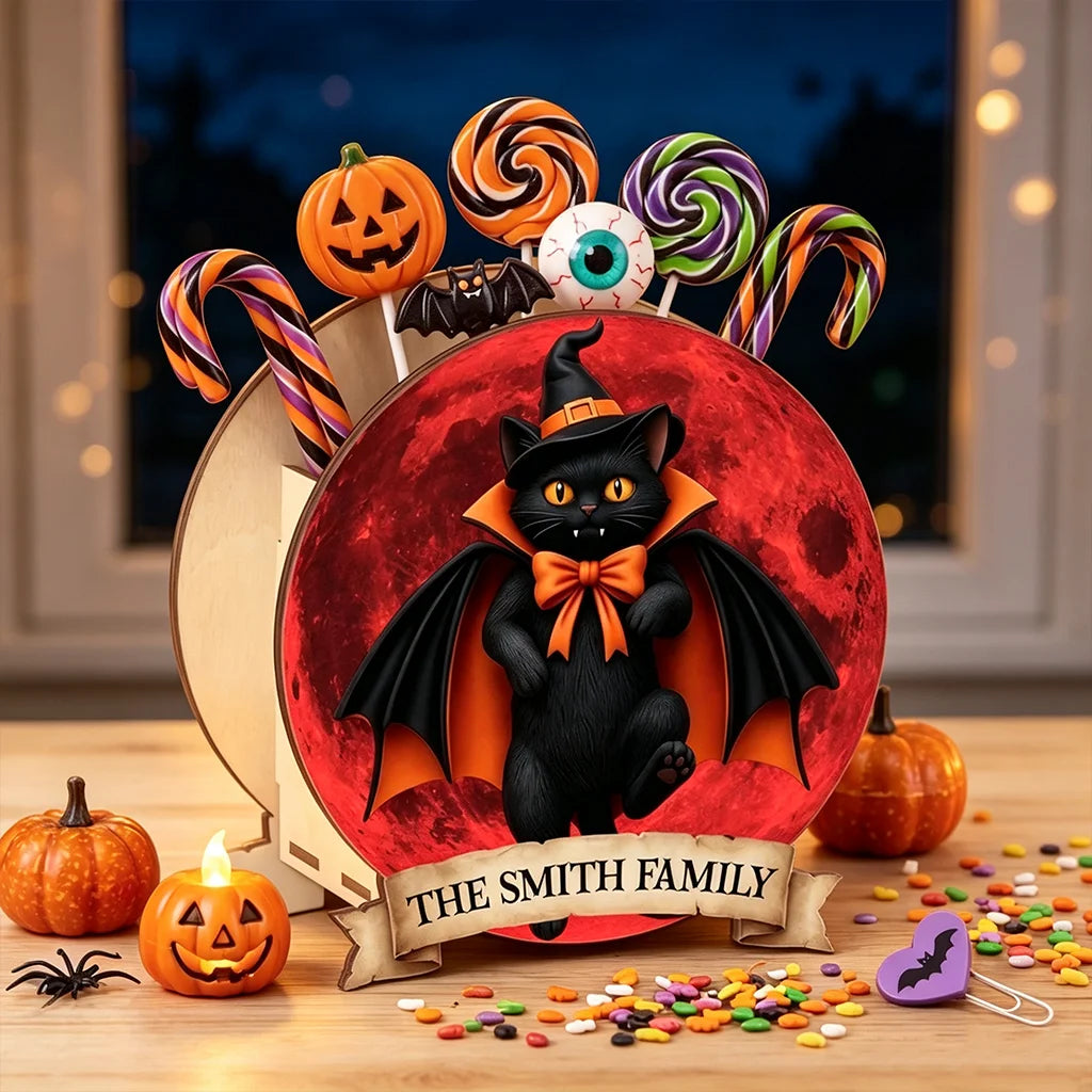 Personalized Wooden Pen Holder, Vampire Black Cat and Red Moon Halloween Decor, Unique Gift for Cat Lovers