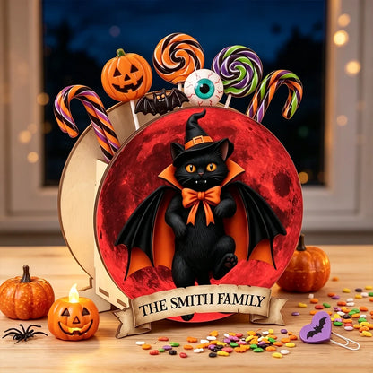 Personalized Wooden Pen Holder, Vampire Black Cat and Red Moon Halloween Decor, Unique Gift for Cat Lovers