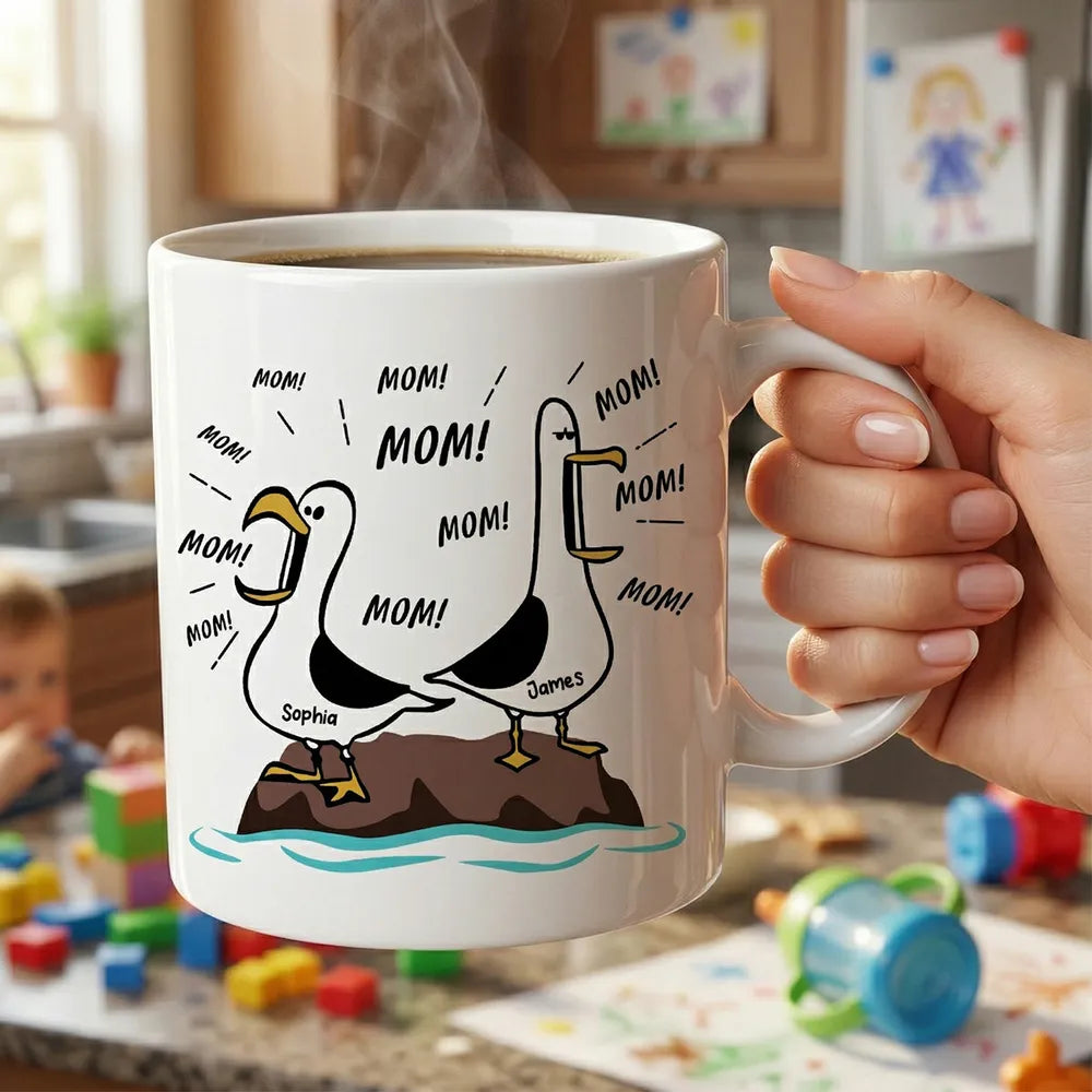 Mom Mom Mom Seagull Cartoon Ceramic Mug, Personalized Name Funny Daily Coffee and Tea Mug, Unique Gift for Mom